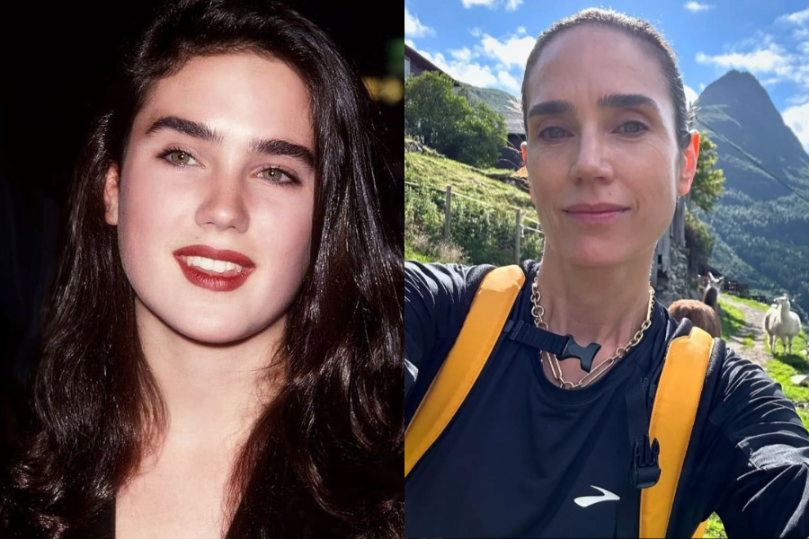 Side-by-side images of a woman in her youth and adulthood. On the left, she’s a teenager with glowing skin, bold red lipstick, and voluminous dark hair. On the right, she takes a selfie outdoors on a bright day, wearing a hiking outfit with a yellow backpack, standing in front of green hills and a dramatic mountain peak.