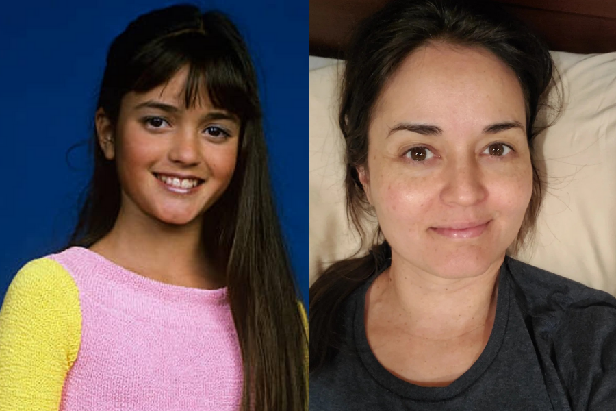 Side-by-side images of a woman in childhood and adulthood. On the left, a young girl with long, straight dark hair, wearing a pink and yellow sweater, smiles brightly against a blue background. On the right, the same woman as an adult lies on a pillow with a soft smile, wearing no makeup and a dark T-shirt, her natural beauty and relaxed demeanor on full display.