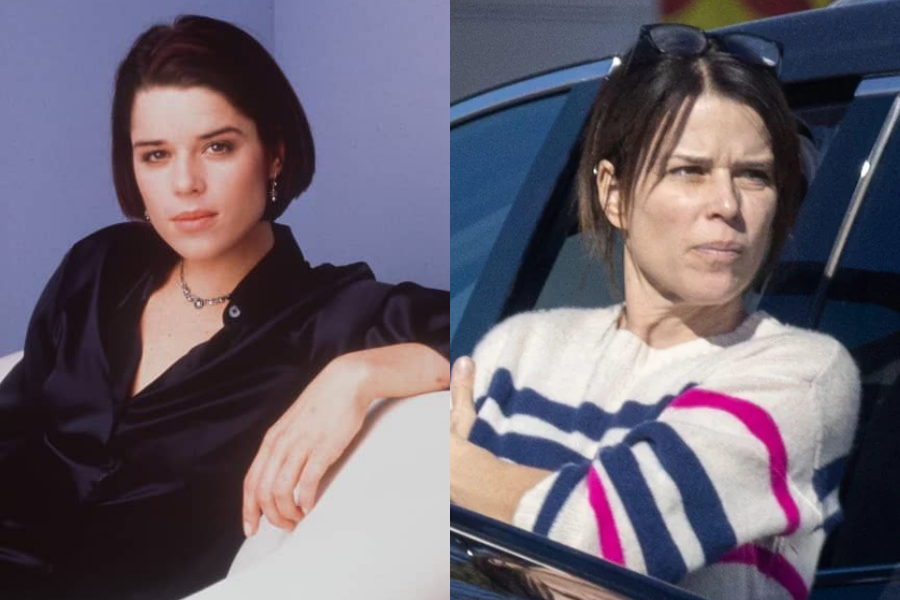 Side-by-side images of a woman at two stages of her life. On the left, she is younger with a sleek bob haircut, wearing a black silk blouse and necklace while reclining with a composed expression in a studio portrait. On the right, she is older with tied-back hair, no visible makeup, and a serious expression while leaning against a car, dressed in a striped sweater with blue and pink accents and sunglasses on her head.