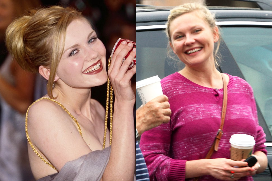 Side-by-side photos of a woman in her early red carpet days and more recent candid moment. On the left, she is young with blonde hair in an elegant updo, beaming while holding a glittery red clutch and wearing a glamorous strapless dress. On the right, she is older with minimal makeup, smiling warmly in a magenta striped sweater while holding a coffee cup in front of a car.