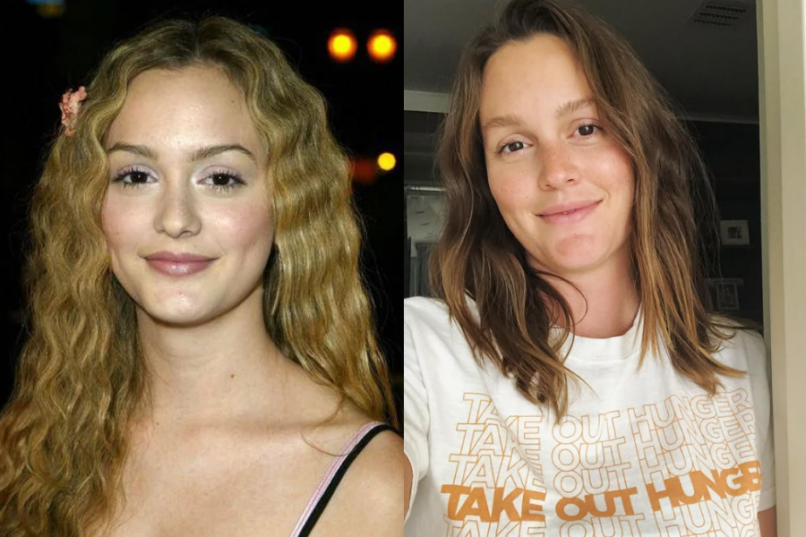 Side-by-side photos showing a woman as a young actress and in a more recent, casual selfie. On the left, she has long, wavy light brown hair, a soft smile, and wears a thin-strapped dress with a pink flower clip in her hair. On the right, she appears bare-faced and natural with slightly tousled shoulder-length hair, wearing a white T-shirt that reads “TAKE OUT HUNGER” in bold orange lettering, standing indoors.