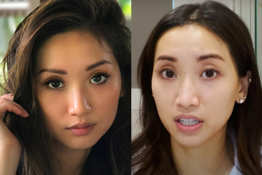 Then-and-now comparison of a woman. On the left, she appears youthful with long, voluminous dark brown hair, glowing skin, and dramatic eye makeup, gazing softly at the camera in natural light. On the right, she is bare-faced with natural lighting, her hair down and tucked behind her ear, speaking candidly in what appears to be a vlog or tutorial setting.