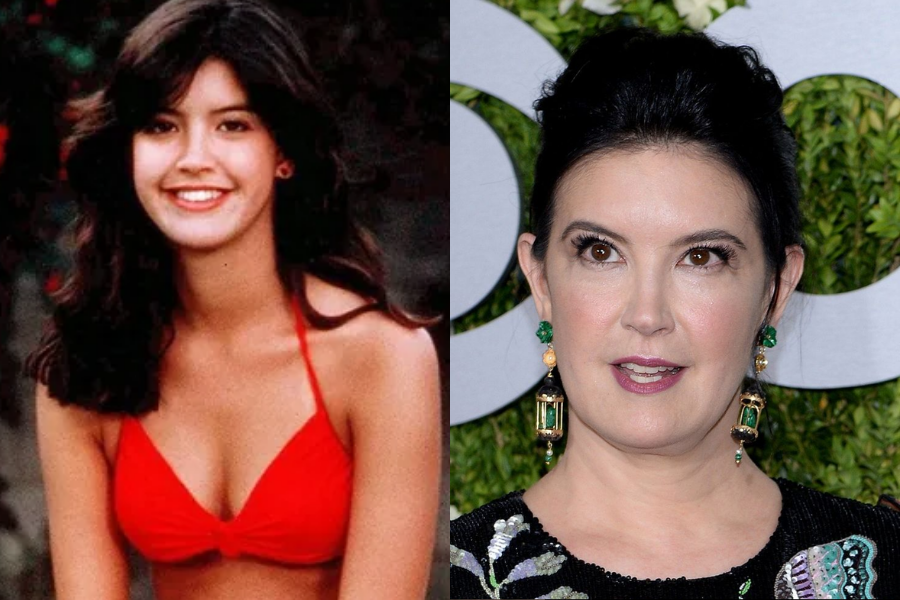Side-by-side images showing a woman at different ages. On the left, she appears as a teenager wearing a red halter bikini top, smiling outdoors with long dark hair. On the right, the same woman is older, wearing her hair in an elegant updo with ornate green and gold earrings and a patterned black dress, photographed at a formal event.