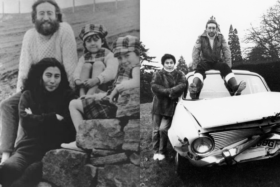 Split black-and-white image. The left side shows a bearded man, a woman, and two children in plaid outfits sitting and leaning on a stone wall in a rural setting. The right side features a man sitting on the hood of a damaged car while a woman stands beside him; both wear warm clothing, with trees in the background.